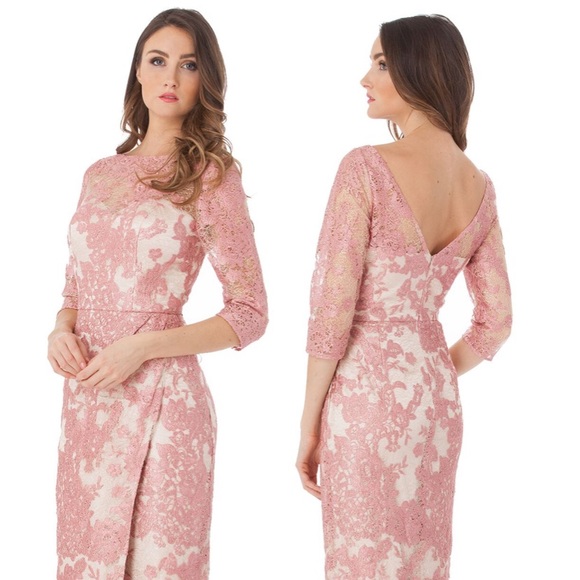 Js Collections embroidered lace 3/4 sleeves long gown - Picture 3 of 5